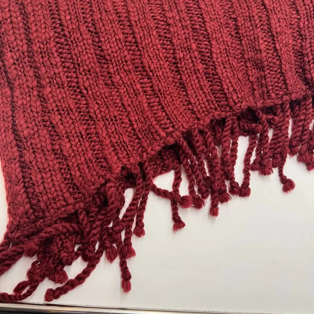 Pier 1 Imports Burgundy Knit Throw Blanket Fringe Soft Cozy Home Decor 54x59